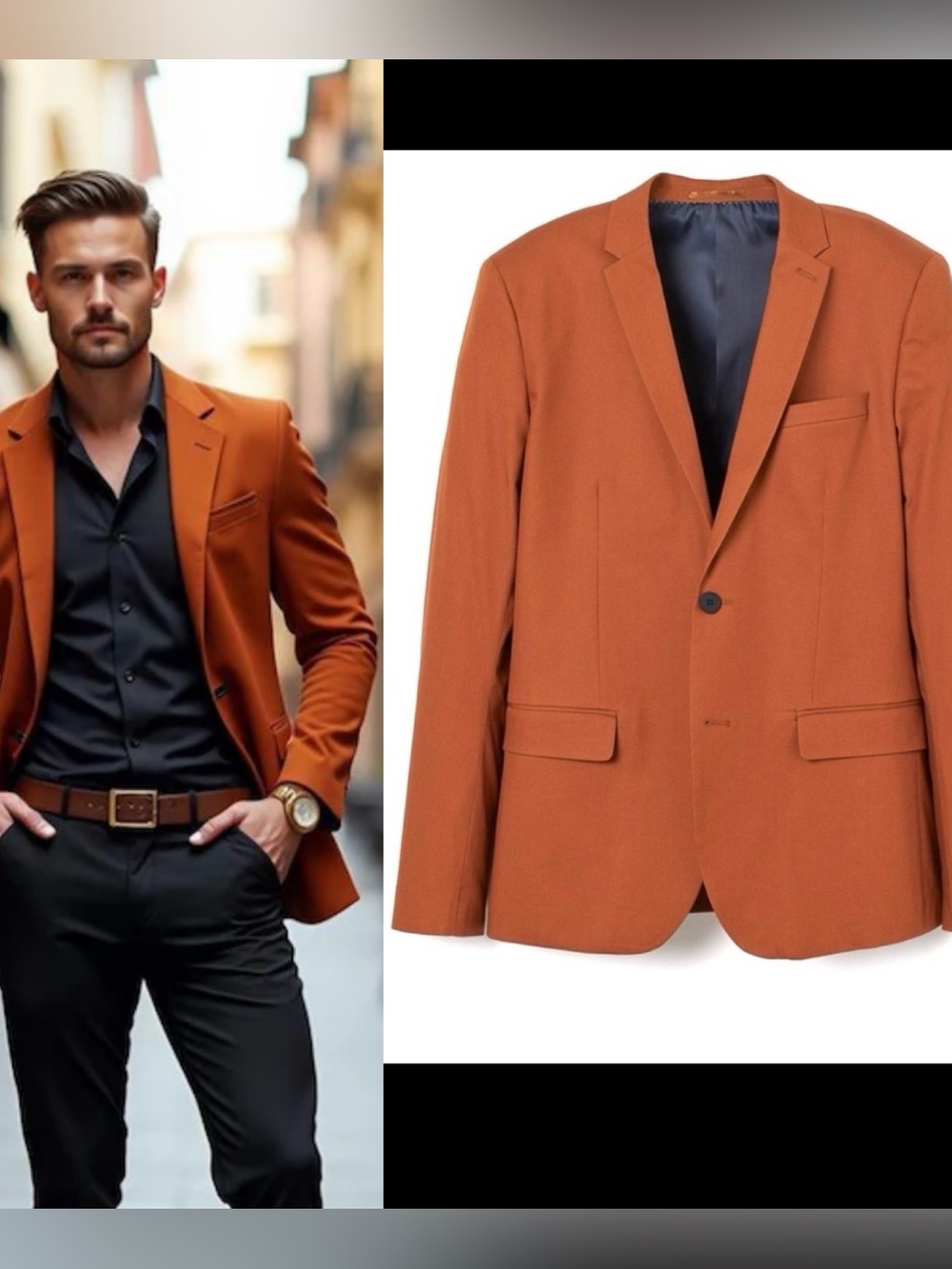 H&M Men’s Stretch Cotton Blazer Jacket Terracotta Rust Brown Satin Lined size 40